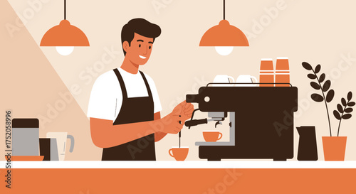 Smiling barista in apron making coffee with machine in minimal cafe illustration, concept for coffee shop branding, cafe advertising and coffee product promotion