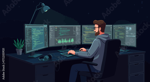 Cartoon programmer working late at night with multiple monitors displaying code, concept for software development, data analysis and technical expertise