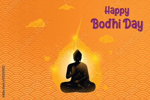 Buddha's Silhouette On Leaf With Lights Illuminating On Orange Background. Concept Design Vector Illustration For Bodhi Day, Buddha Purnima, Vesak, Rohatsu, Makha Bucha Etc.