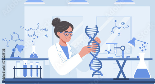 Scientist woman holding DNA structure model in a laboratory with flasks and chemical formulas. concept for genetics research, pharmaceutical development and scientific discovery