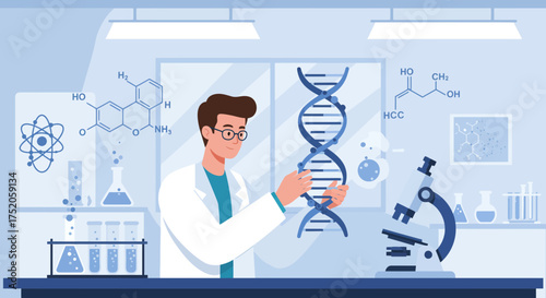 Illustration of a scientist examining a DNA model in a laboratory setting, surrounded by lab equipment; concept for genetic research, pharmaceutical studies and science education