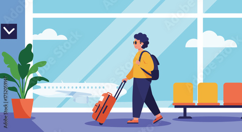 Woman pulling luggage at airport terminal with plane in background, concept for travel planning, international trip and tourism advertisement