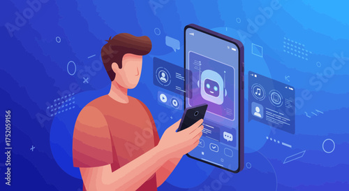Illustration of a man using chatbot app on his smartphone with UI elements around it, concept for customer service assistance, ai virtual assistant and mobile application interface design