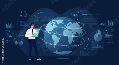 Global business analysis by executive with tablet displaying data alongside earth and dashboard charts. Concept for business intelligence, global network and international trade
