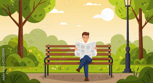 Illustration of a man reading newspaper sitting on park bench with trees and lamp post in the background, concept for news media, leisure activity and outdoor recreation