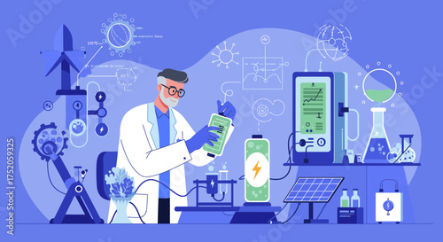 Illustration of scientist in lab holding device near energy equipment and research diagrams. Concept for clean energy solutions, renewable resources analysis and sustainable innovation