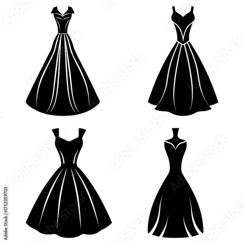 Collection of four elegant black dresses with varying necklines and skirt styles in a vector graphic