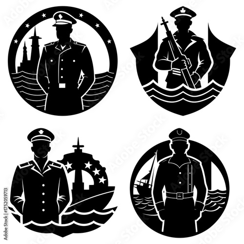 Four monochrome maritime themed emblems featuring uniformed figures and nautical elements in silhouette style