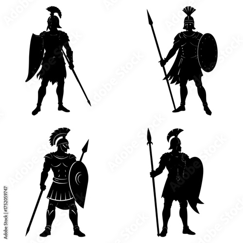 Four black silhouette illustrations of spartan warriors with spears and shields in various poses