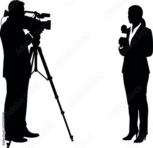 news, media, reporter, camera, video, journalist, microphone, silhouette, cameraman, recording, press, interview, tv, vector, communication,
news reporter, video camera, press media, female 
