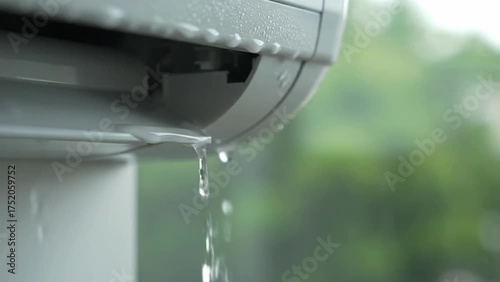 Close-up of water dripping from an outdoor air conditioner unit, condensation drops falling on a rainy day with a blurry green background, HVAC system detail.