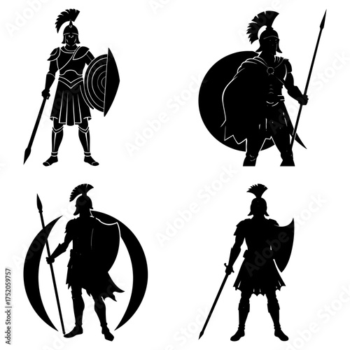 Four black silhouettes of spartan warriors in various poses with spears and shields on a white background