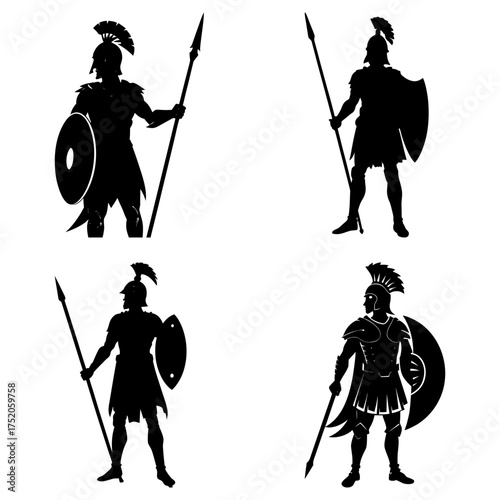 Four black silhouettes of spartan warriors with spears and shields in various battle poses shown