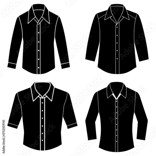 Four black shirts with different sleeve lengths and collar styles displayed in a grid pattern design
