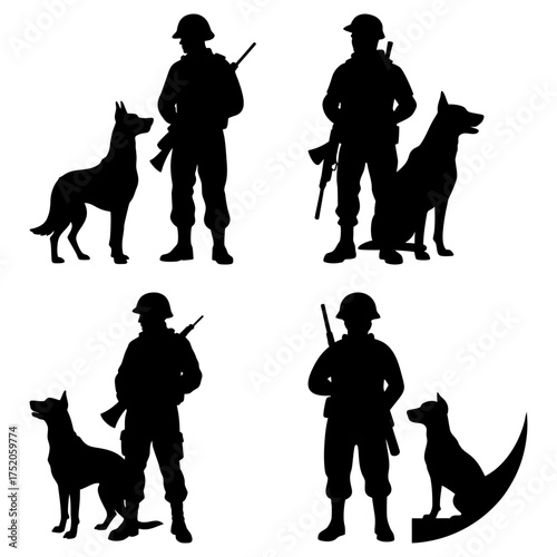Silhouettes of soldiers in uniform with rifles alongside german shepherd dogs in various poses and stances