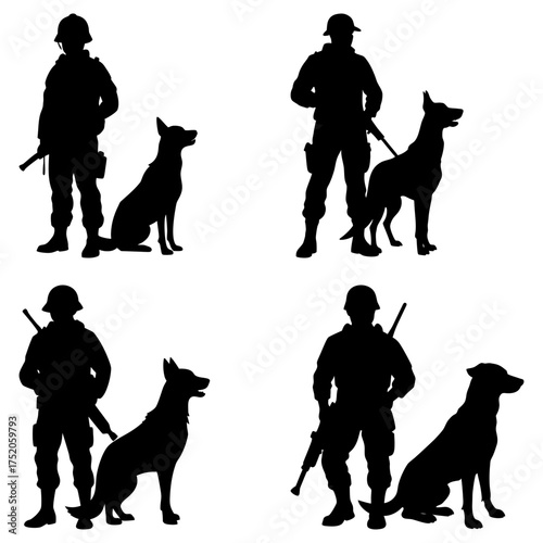Silhouettes of soldiers with rifles and dogs in various poses standing and sitting on a white background