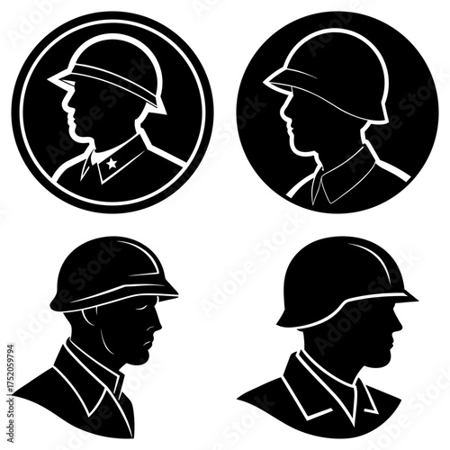 Four black and white silhouettes of soldiers wearing helmets in various styles and orientations in the image