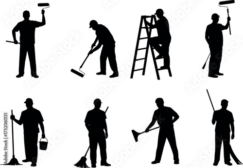 silhouette, worker, painter, cleaner, handyman, builder, labor, construction, broom, roller, ladder, tools, job, 