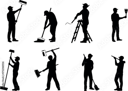 silhouette, worker, painter, builder, handyman, labor, construction, cleaning, sweeping, maintenance, man, people, job, service, tools, construction worker, 