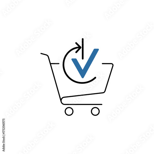 Checkout icon featuring a shopping cart with a verification symbol on a transparent background