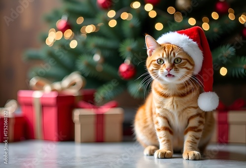 Orange cat with Santa hat with Christmas tree and gift boxes on background.