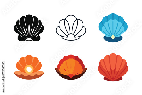 Collection of stylized seashell icons in multiple colors