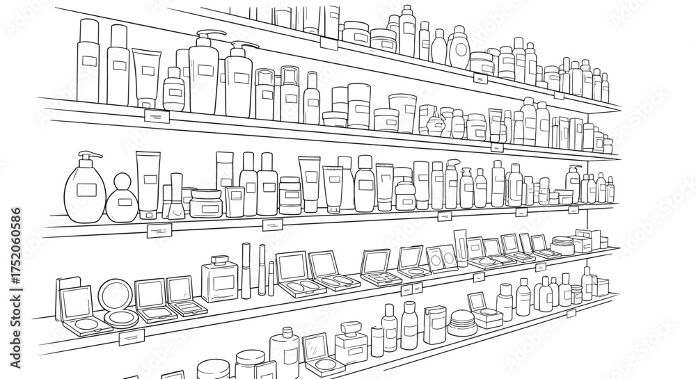 Fototapeta premium Various cosmetics on shelves in a beauty store engraving sketch hand drawn style black and white vintage illustration vector.