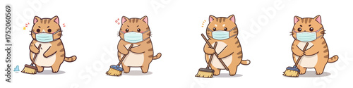 Set of four cute cartoon tabby cats wearing face masks while cleaning with a broom, showing various emotions.