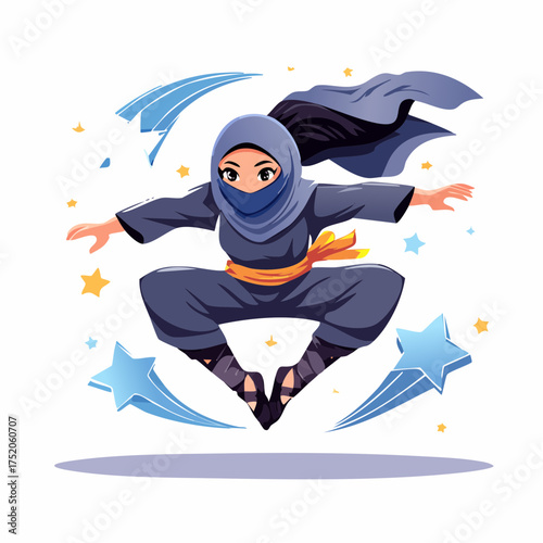Mysterious Warrior's Leap: A dynamic ninja in a stylish attire makes a daring leap forward, showcasing speed, agility, and unwavering resolve against a background of stylized star and lines.