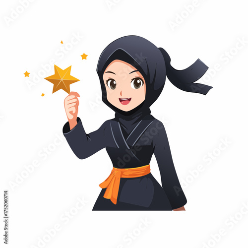 Ninja with Gold Star: A cheerful ninja girl is holding a golden star, her cute smile and dynamic posture convey confidence and competence.