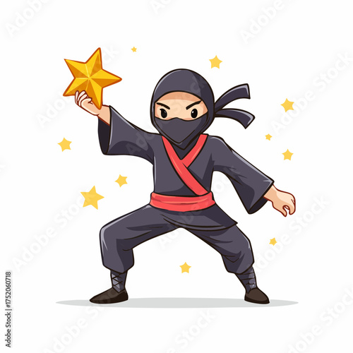 Ninja with Star: A determined ninja, clad in traditional attire, strikes a pose holding a radiant star in a gesture of focus and skill.