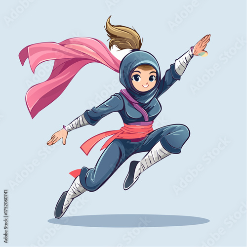 Ninja warrior in action: a vibrant illustration of a female ninja executing a dynamic leap with focused intensity, embodying stealth, skill, and the spirit of a warrior.