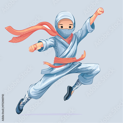 Dynamic Ninja in Action: A focused ninja, clad in traditional attire, strikes a powerful pose, embodying the essence of stealth and martial arts prowess.