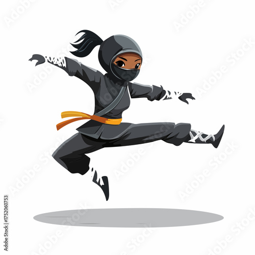Stealth and Agility: A dynamic illustration showcases a skilled ninja poised mid-leap, radiating power and grace while executing a powerful kick.