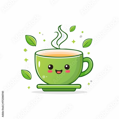 Enchanting Brew: A charming illustration of a smiling cup of tea, surrounded by fresh tea leaves, steam, and a happy aura, embodies the warmth and comfort of a delightful cup of tea.