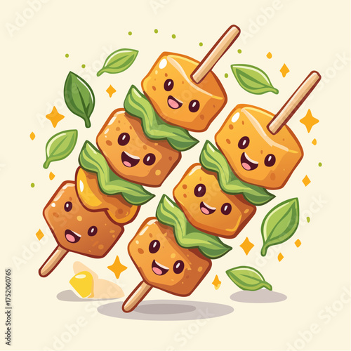 Delightful Skewers: Smiling food skewers arranged, a colorful array of cute food characters that promise a feast for the eyes