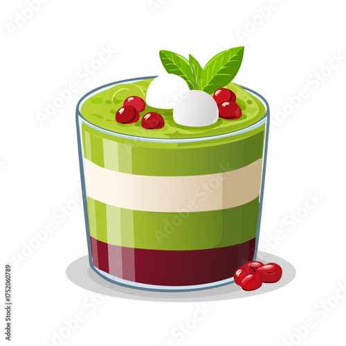 Matcha Delight: A beautifully layered matcha dessert, offering a visual and gustatory experience of layers of creamy, earthy matcha goodness, adorned with vibrant red berries and fresh mint.