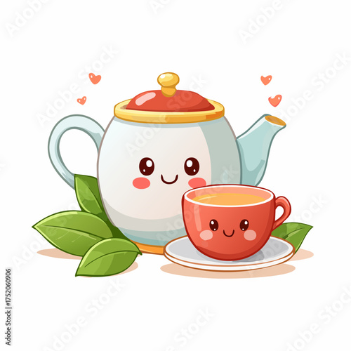 Tea Time: A cute teapot and teacup with charming smiling faces, nestled amongst green leaves, radiates warmth and joy, evoking a sense of comfort and the simple pleasures of life. 