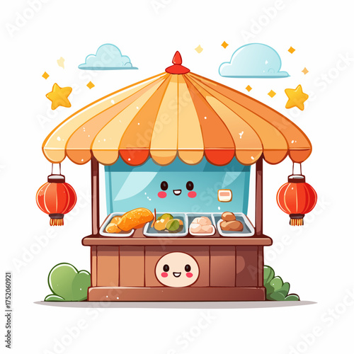Delightful Food Stall: A charming food stall, adorned with vibrant orange canopy and festive lanterns, displays an array of delicious treats, beckoning with its inviting and cheerful aura.