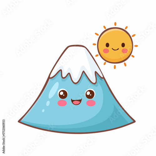 Smiling Mountain and Sun: An adorable illustrated mountain with a snow-capped peak smiles warmly, joined by a cheerful sun, radiating positivity and joy. 