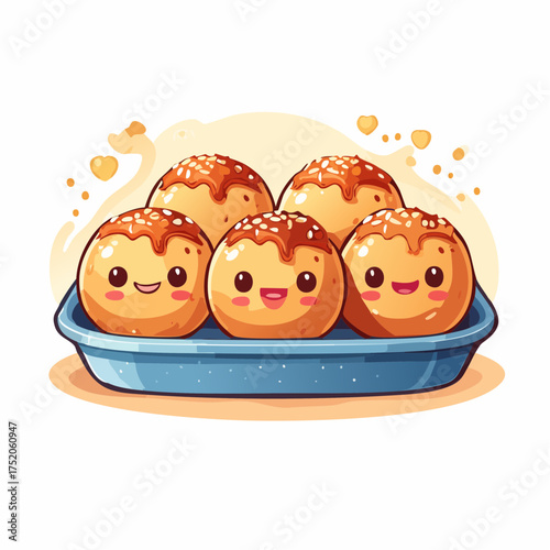 Playful Takoyaki Delight: A cheerful assortment of takoyaki, each adorned with a smiling expression, served invitingly on a blue platter.