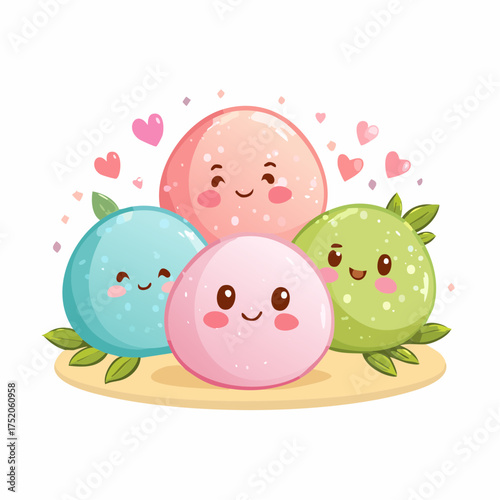 Playful Rice Cake Delights: A delightful illustration showcases a group of cheerful mochi with adorable expressions, surrounded by hearts, embodying joy and a sweet ambiance.