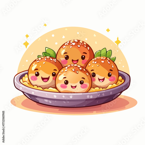 Joyful Sesame Balls: An adorable illustration showcases a plate of happy sesame balls. Capturing the essence of a delicious dish!