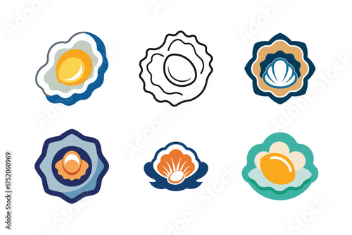 Colorful stylized marine life shells and oysters illustration set