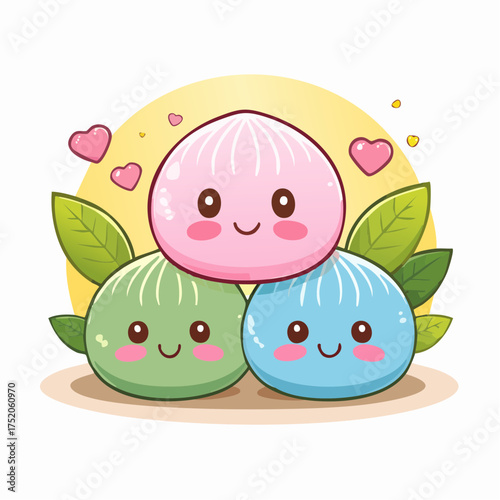 Kawaii Mochi Delight: Playful mochi characters exude cuteness, surrounded by hearts and leaves, creating a scene of adorable sweetness.
