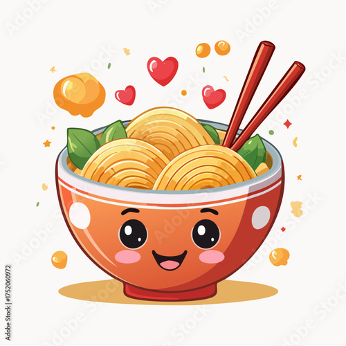 Noodle Bowl: A delightful illustration of a noodle bowl, inviting you to savor every bite! The cheerful bowl filled with savory noodles, the perfect dish for a happy heart.