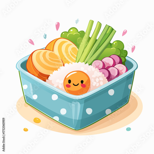 Delicious Bento Box Delight: An inviting, illustrated bento box bursts with a colorful assortment of fresh ingredients and charming details, inviting you to savor the joy of a delightful meal.