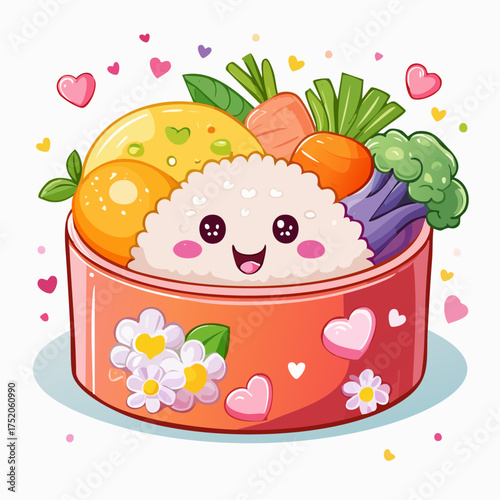 Cheerful Bento Box: A whimsical bento box, filled with an assortment of fresh, colorful food items, exudes an infectious joy and inviting appetite. Adorned with charming embellishments.