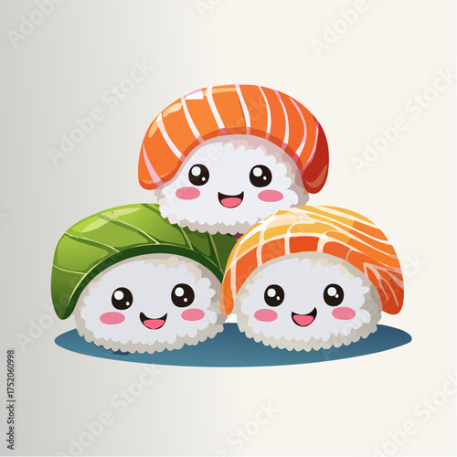 Cheerful Sushi Delight: An adorable arrangement of sushi rolls, each with a unique topping and expressive face, invites you to a culinary adventure.