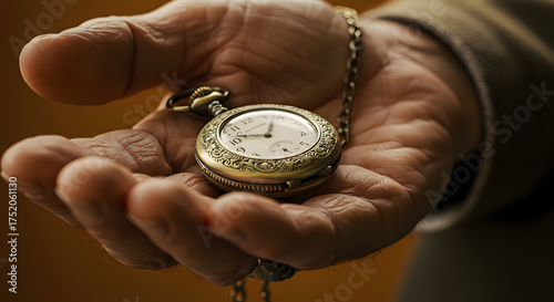 Antique Gold Pocket Watch Held in Wrinkled Hand Close Up